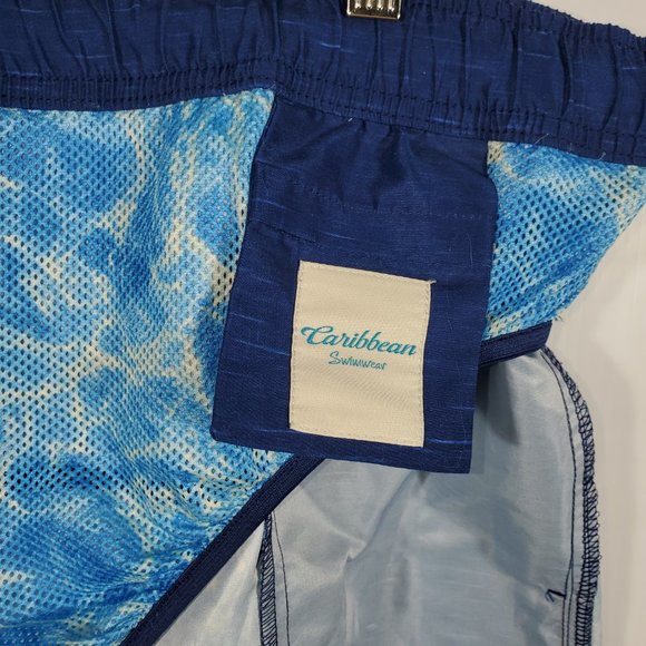 Caribbean Swimwear Board Shorts Navy Blue Colorblock Hawaiian Pin Up Floral - Picture 7 of 7